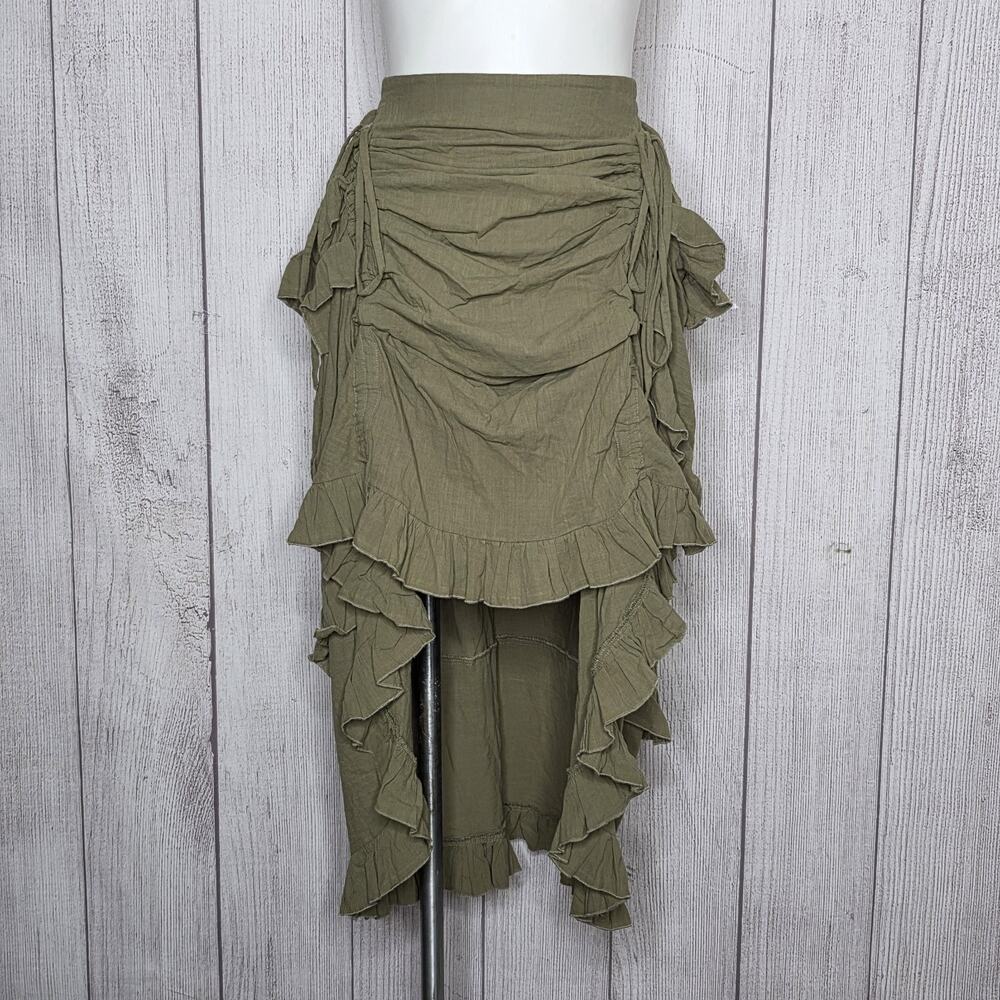 Olive Linen/Cotton Ruffle Skirt Lagenlook Boho Fairy Pirate High Low Ruched - S